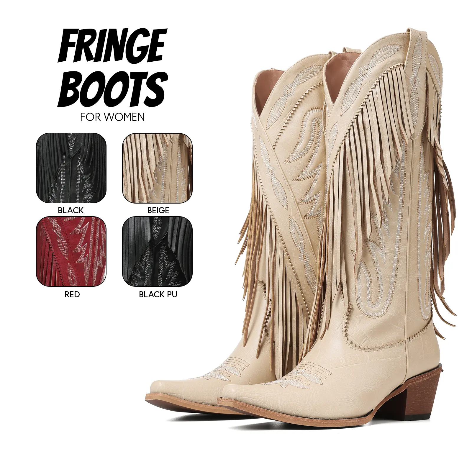 Fringe Cowboy Boots for Women Knee High Boot Pointed Toe Chunky Block Heel Vintage Western Embroidery Gifts Easy Pull on Tabs Work Party Outdoor Events Retro Country Wedding Concert Spring Summer Dressy Cowgirl Shoes