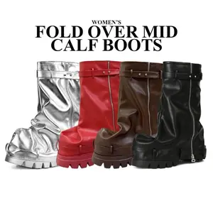 CYNLLIO Womens Fold Over Mid Calf Boots Platform Heel Slouchy Wedge Zipper Shoes Motorcycle Nightclub Cosplay Boots Shoes