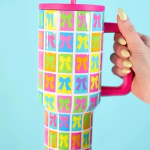 Jess Lea 40oz Tumbler with Pink Handle, bow Patterns, Spill Proof Straw Seal, Ideal for Beverage Drinking - Cup, Mug