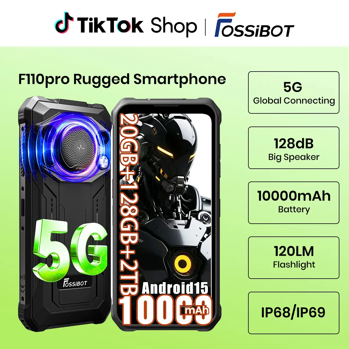 FOSSIBOT F110 Pro Rugged Smartphone Unlocked 5G Android 15, 128dB Loudest Speaker 20GB+128GB /2TB 10000mAH, 6.7'' HD Display 50MP Rear Camera, IP68/69K Waterproof, NFC/Dual SIM/Widevine L1