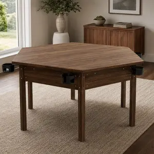 ARCH Hexagon Board Game Table with Removable Top for 6 Players, Dining and Gaming Table with Solid Wood Legs, Non-Slip Play Mat, Rotating Cup Holders, Rustic Brown, 54.33x62.4x31.5 in, Rustic Brown Color Options, Solid Wood+MDF Material