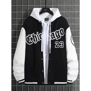 Loose Fit Men's Two-Tone Varsity Baseball Jacket Without Hoodie, Letter Graphic Design, Going Out Hooded Letter Long Sleeve Jacket Casual Color Block Jacket, For Friends, Husband, Boyfriend Gifts