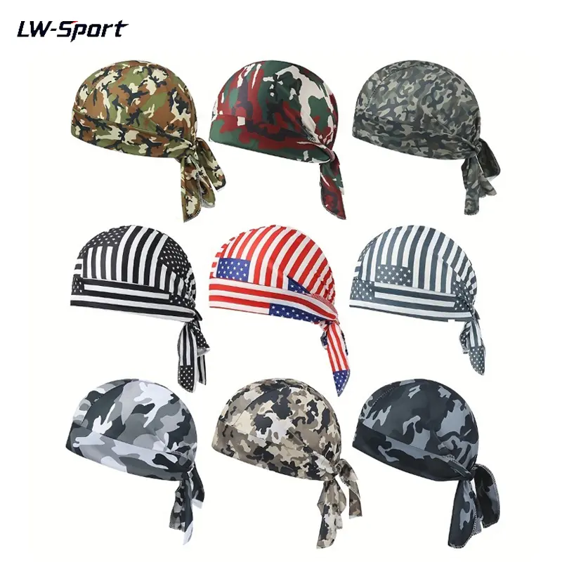 3Pcs Camouflage American Flag Durag Head Wrap, Breathable Quick Dry Tie Back Skull Cap, Sweat Wicking Stretchy Sports Head Scarf for Cycling Motorcycle Running Workout Men Women