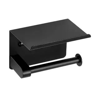 VEVOR Toilet Paper Holder with Shelf,  Fits Mega Rolls Size, Stainless Steel Rustproof Material, Wall Mounted with Screws and Double-Sided Tape, Toilet Roll Tissue Holder for Bathroom, Matte Black