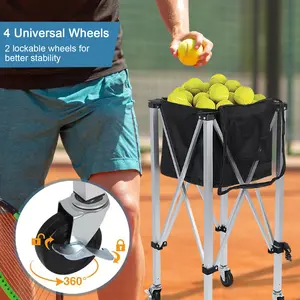 Foldable Tennis Ball Cart with Wheels, Portable Lightweight Holds 160 Balls Tennis Ball Hopper, Sports Teaching Cart Tennis Ball Basket with Removable Bag Side Pockets