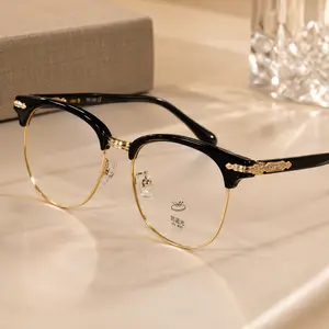Luxury Retro Semi-Rimless Blue Light Blocking Glasses,Anti-Eye Strain UV400 Clear Lens, Classic Black Gold Half Frame Fake Fashion Glasses Daily Wear.High Quality Fashion Fake Lens Accessory.Classic Black Gold Half Frame Fashion Glasses Gift for Students.