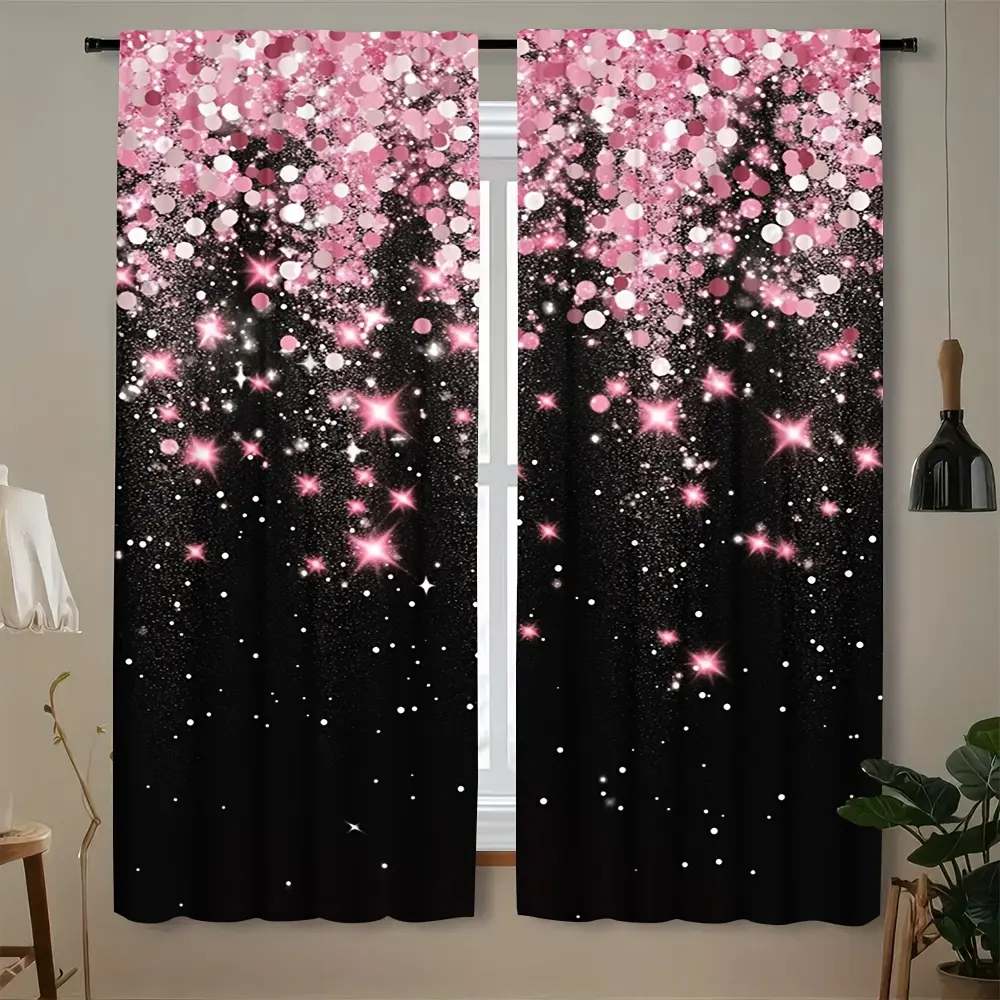 2-Pack, 2D flat print, sparkling pink and white stars black background print curtains, translucent rod pocket design, suitable for bedroom living room bathroom dining room home decoration, art design adds elegance and romance, Window Curtain Replacement