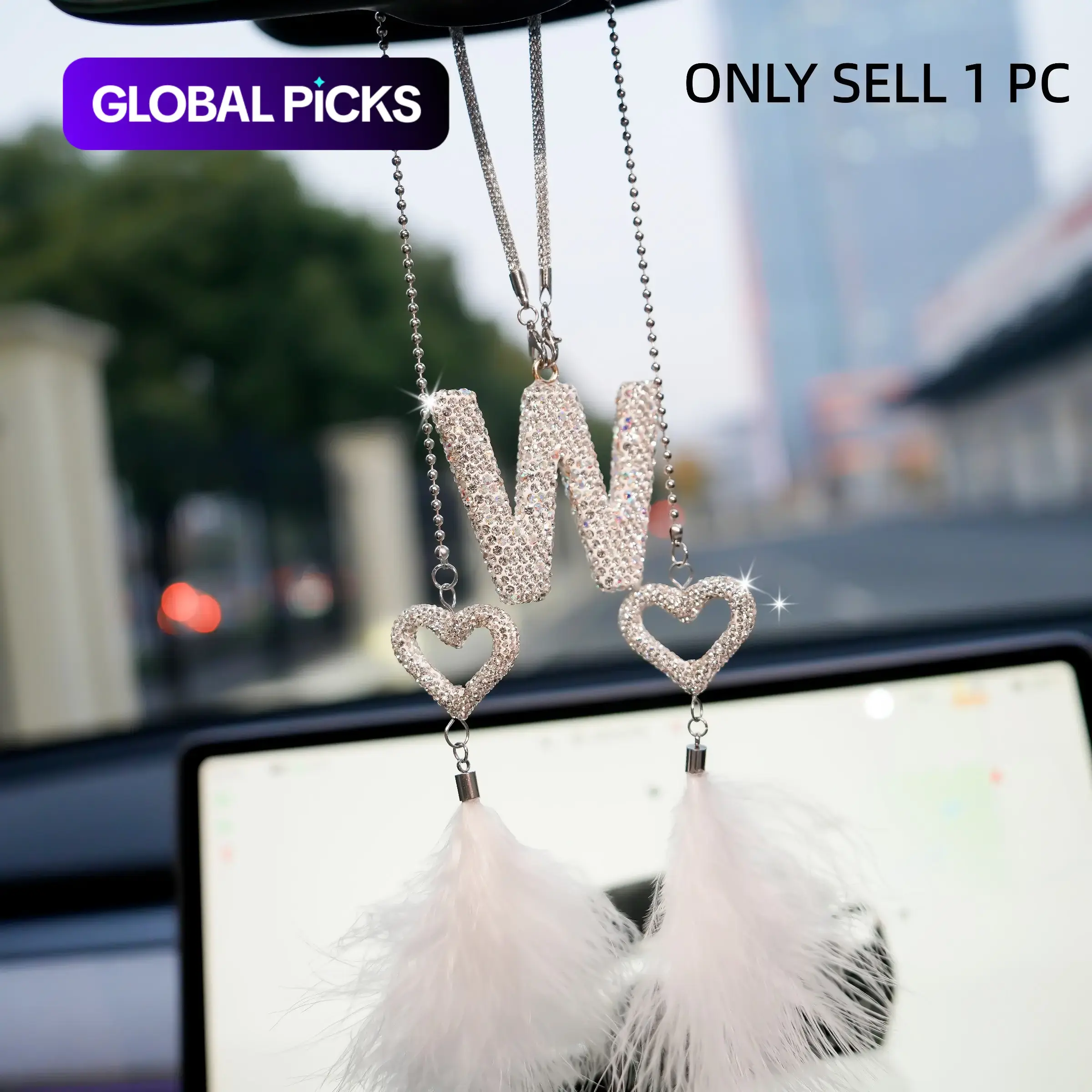 Bling Car Accessories, Aesthetic Car Accessory, Rhinestone Car Decoration, Car Ornaments, Car Rearview Mirror Hanging Decoration, Letter, Heart and Star Design, Interior Decor Ornament, Gift for Couples & Girls #GLOBAL PICKS