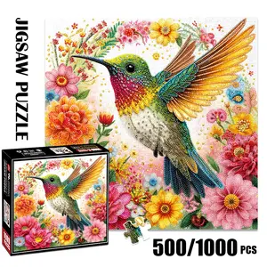 1pc 1000 piece adult puzzle 58x58cm Hummingbird Surrounded by Colorful Flowers 500 pieces of paper Jigsaw Puzzle, suitable for adults and families, large-scale DIY puzzle interactive toy games, birthday ho Animal
