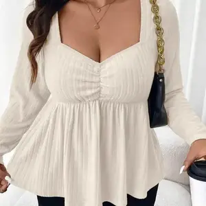 [Plus Size ]Ribbed Knit Square Neck Long Sleeve Peplum Top, Casual Loose-Fitting Design ldeal for Ages 25 to 54, Comfortable Knitting Fabric for Fall & Winter Blouses Clothes