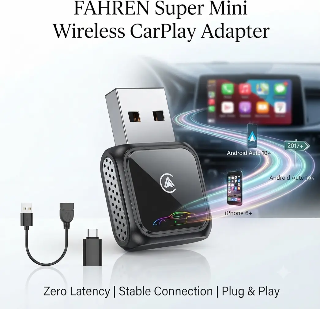 FAHREN New Upgrade Super Mini Wireless CarPlay Bluetooth Dongle, Zero Latency & Stable Connection, Support Apple CarPlay(iPhone 6+) & Android Auto 10+, Compatible with 2017+ Factory Wired CarPlay Cars, USB/Type-C