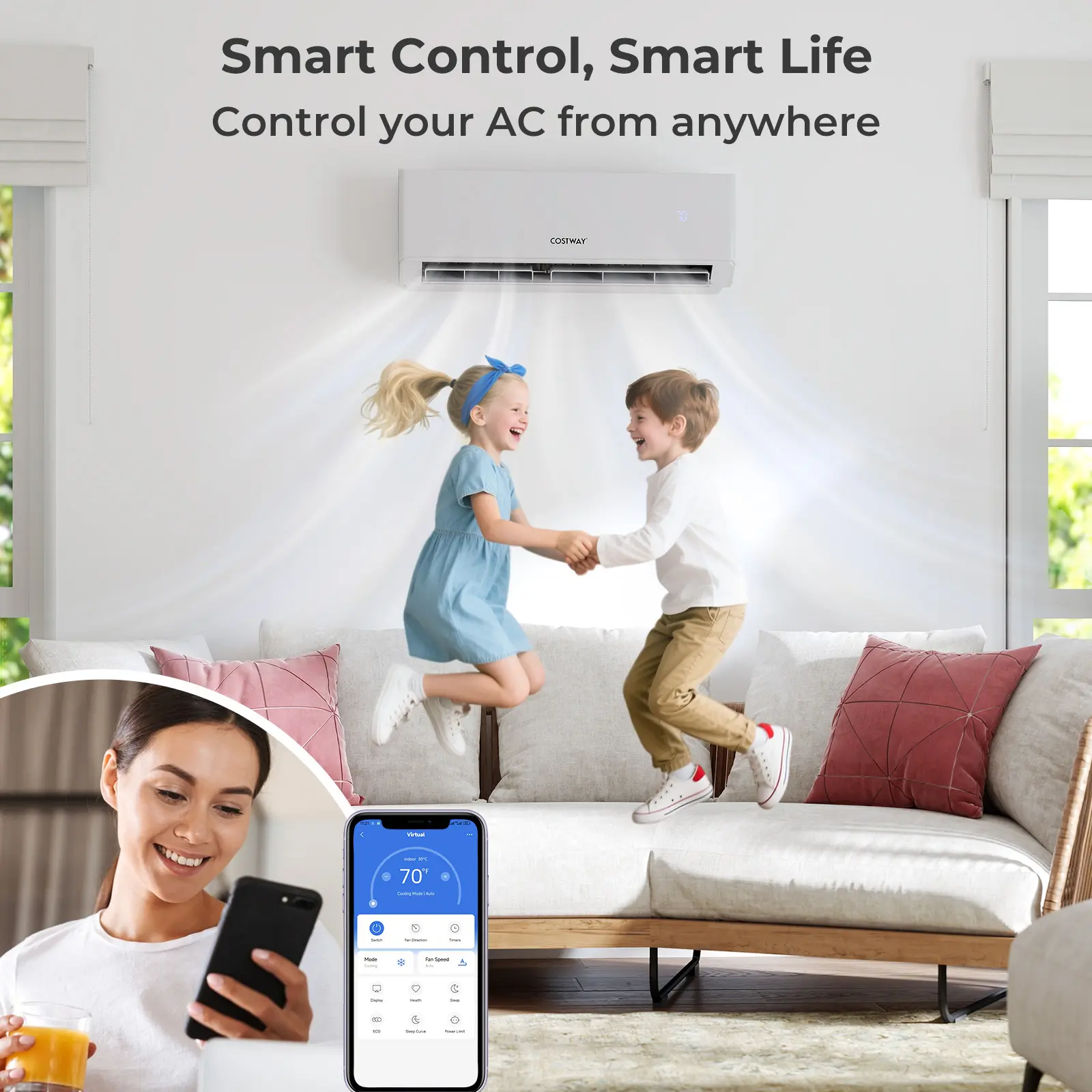 COSTWAY - 30000 BTU 2 Zone 23 SEER2 Mini Split Air Conditioner Wifi Enabled with Heat Pump-9K + 9K