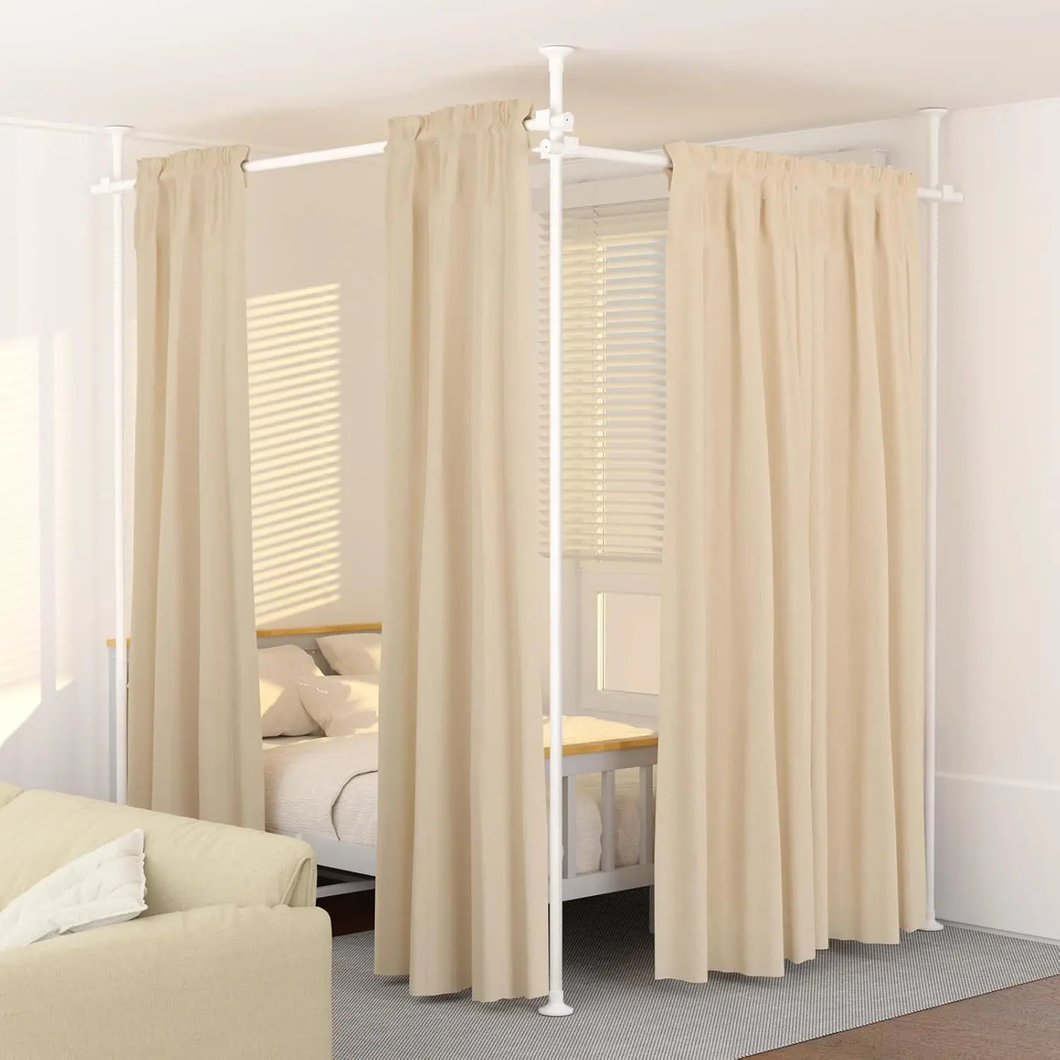 Heavy Duty Adjustable Telescopic Room Divider Curtain Tension Rod, No-Drilling Floor-to-Ceiling Wall Separator (28-144 in W x 4-10 ft H), Easy to Install, White, Adjustable Curtain Rods, Telescopic Curtain Rod