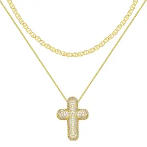 2pcs CZ Cross Pendant Necklaces, Stackable Dainty Gold Cross Necklace Trendy CZ Diamond Crucifix Charm Simple Jewelry Gift for Women