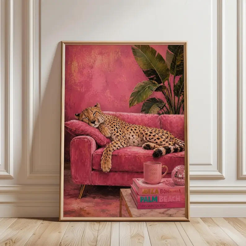 Cheetah Wall Art, Luxury Pink Print, Sleepy Leopard Glam Animal Print Maximalist Decor [UNFRAMED]