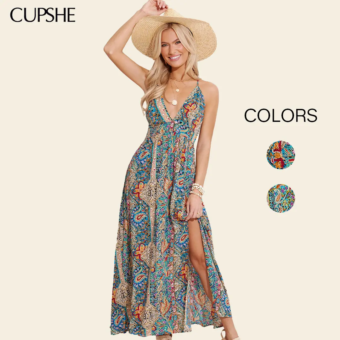 CUPSHE Bohemian Paisley Woven Plunging Neck Sleeveless Maxi Dress, Women's Casual Wear, Lady's Boho Outfits, Women's Clothes  , Maxi Dress For Women,summeroutfits,vacationoutfits,beachoutfits #summerfinds