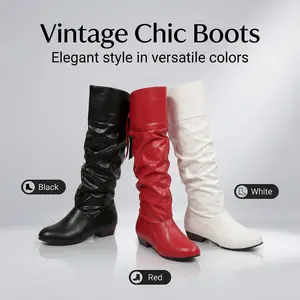 Women's Black Glossy Knee-High Pleated Back Lace Slip-On Chunky Heel Support Boot, Winter Shoe with Slip-On Convenience, Ideal Valentine's Day Gift