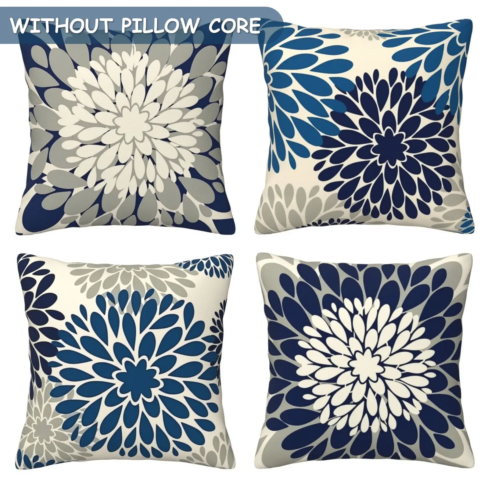 Deep blue gray dahlia decorative pillow set with large flower geometric modern art style, suitable for porch, outdoor home decoration, farmhouse style sofa cushion cover, housewarming gift, 4-piece set with double-sided printing
