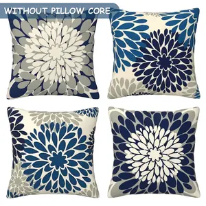 Deep blue gray dahlia decorative pillow set with large flower geometric modern art style, suitable for porch, outdoor home decoration, farmhouse style sofa cushion cover, housewarming gift, 4-piece set with double-sided printing