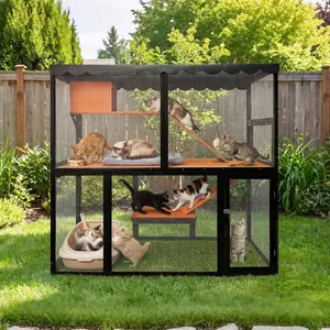 Luxury Large Outdoor Catio 4 Tier Solid Wood Cat Enclosure Weatherproof Cat Cage Multi Cat House Playpen Pet Furniture