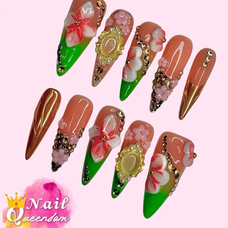 Nail Queendom [BEAUTY MIRROR] Handcrafted 3D Press-On Nails Reusables Long Lasting Salon Quality Easy Application 10 Pieces Set Eco-Friendly 3D-gel Finish