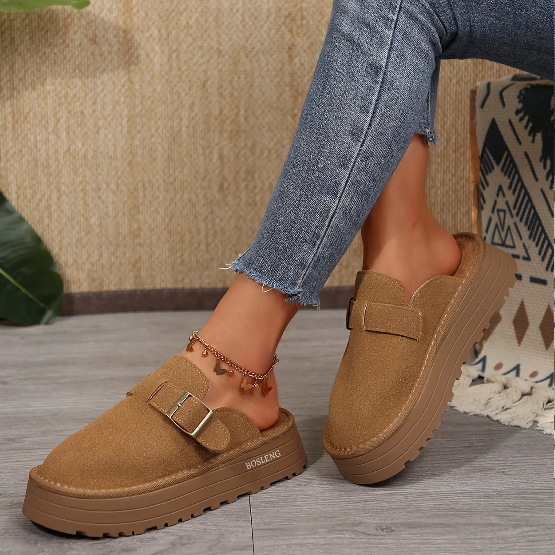 Women Platform Mules Retro Suede Buckle Slip On Clogs Winter Warm Closed Toe Backless Slides Casual Thick Sole Elevator Outdoor Walking Shoes