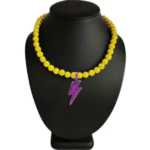 Iced Bling Disco Ball Rhinestone Crystal Bead Baseball Softball Necklace Yellow Ice Purple Lightning