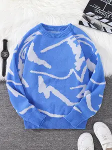 Men's Pop Art Print Drop Shoulder Sweater, Regular Fit Casual Colorblock Long Sleeve Round Neck Jumper Knitted Pullover For Fall, Fashion Men's Knitwear For Daily Wear