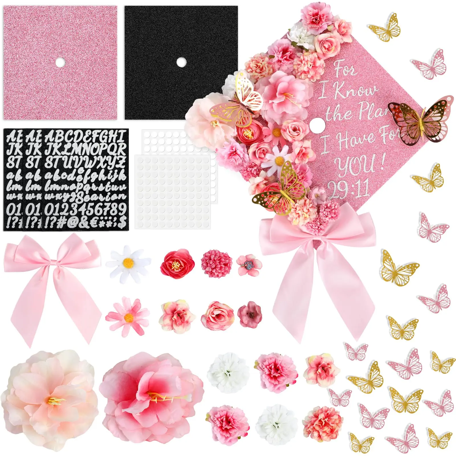 GISGFIM 55 pcs pink DIY graduation cap decorations: faux assorted flowers, pink bows, 3D butterfly stickers, glitter alphabet letter and number decals; suitable for DIY hats/graduation caps, graduation party supplies
