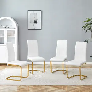 Modern Dining Chairs Set of 4, White PU leather Upholstered High-Back Side Chairs with Gold Metal Legs for Kitchen, Dining Room & Living Room, White and Gold