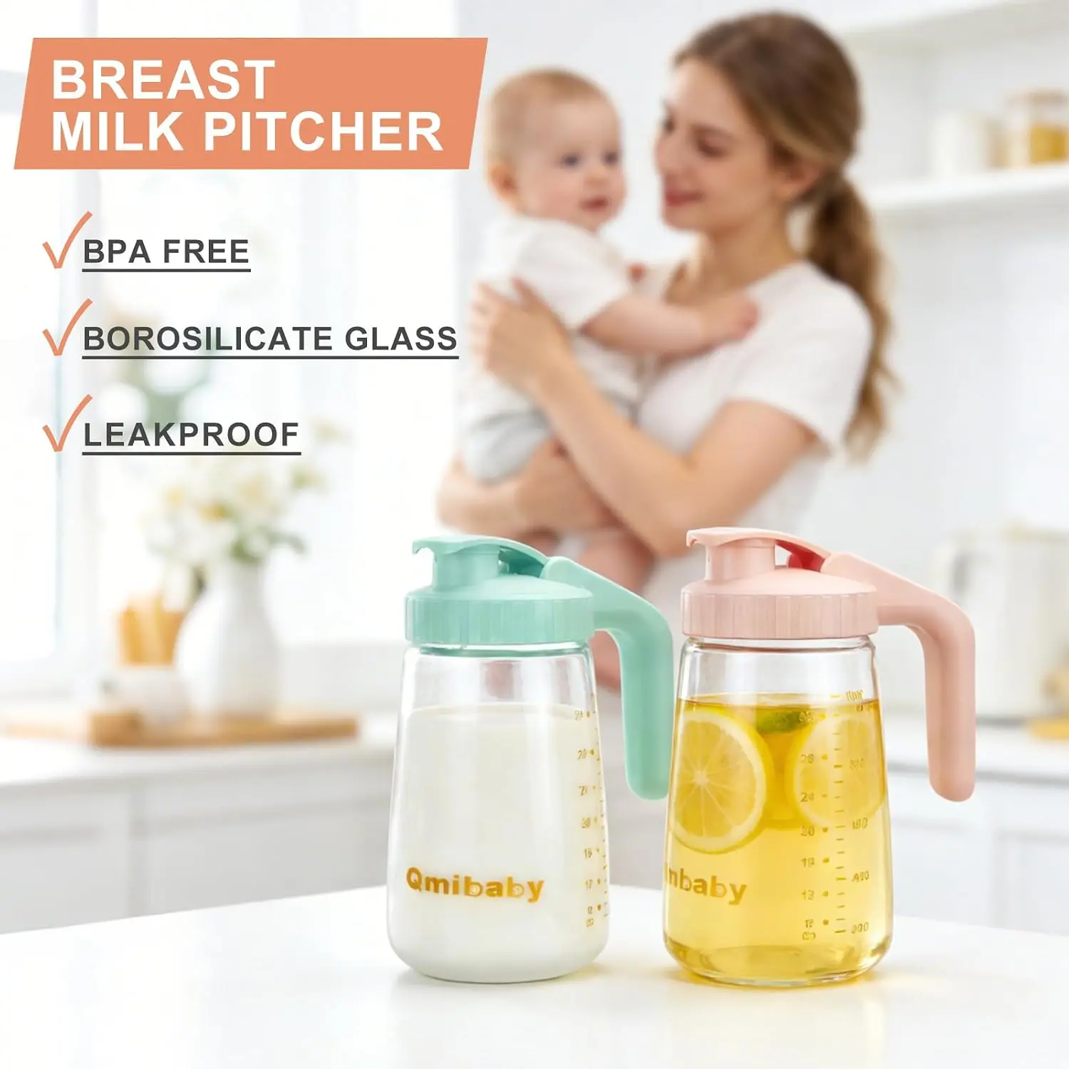 34-oz Aesthetic Glass Breast Milk Bottle for New Moms, BPA-Free Baby Feeding & Storage Container with Handle, Leak-Proof Cover, Essential for Refrigerator & Freezer Breastfeeding Storage