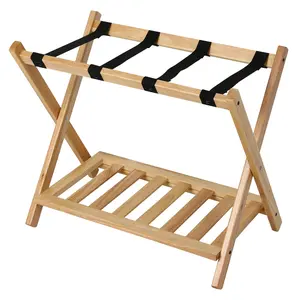 Solid Wood Luggage Rack Organiser - Foldable Heavy-Duty Suitcase Stand with Storage Shelf, No Assembly Required for Guest Room, Hotel