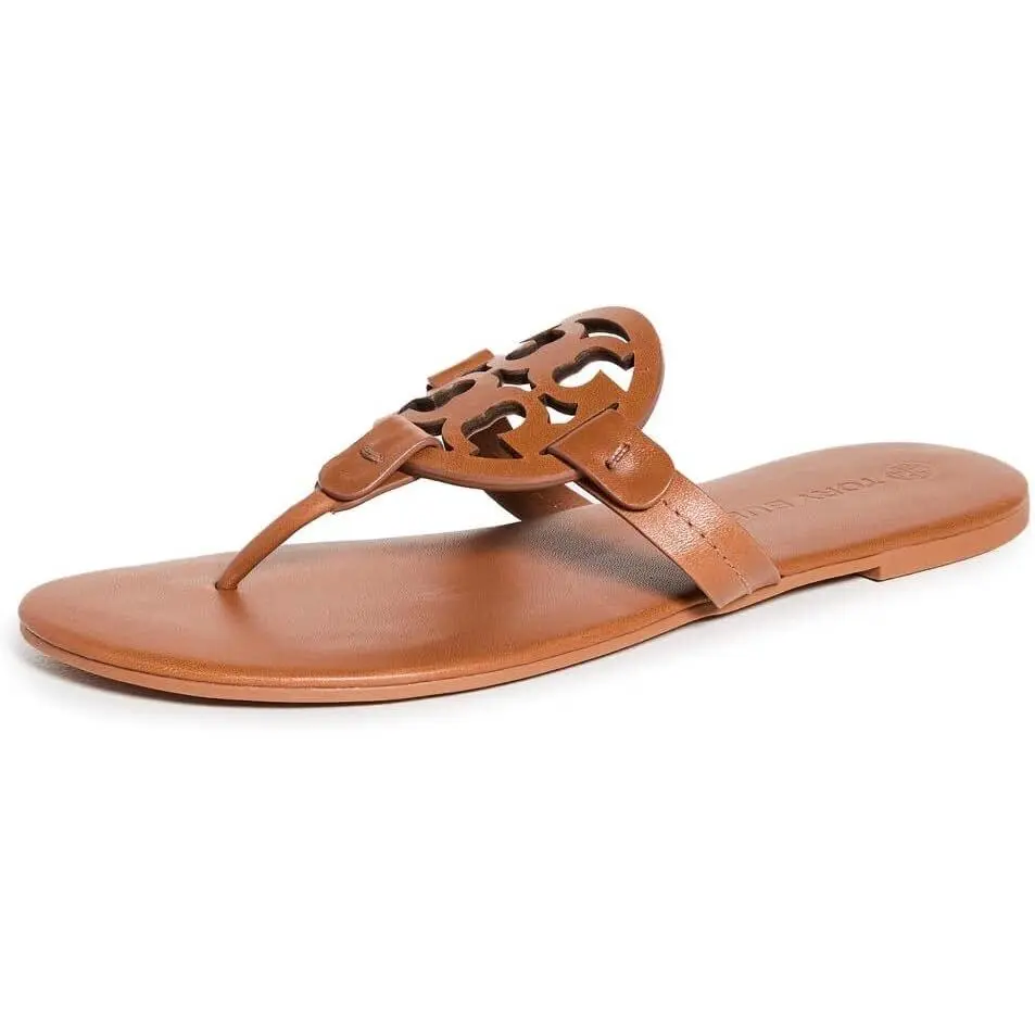 Women's Tory Burch Miller Leather Classy Cushioned Bicolored Sandals - Bourbon Miele/Tan Color, Memory Foam Sole, Rubber Outsole, Style 90582-200, Classy Sandals, Cushioned Sandals