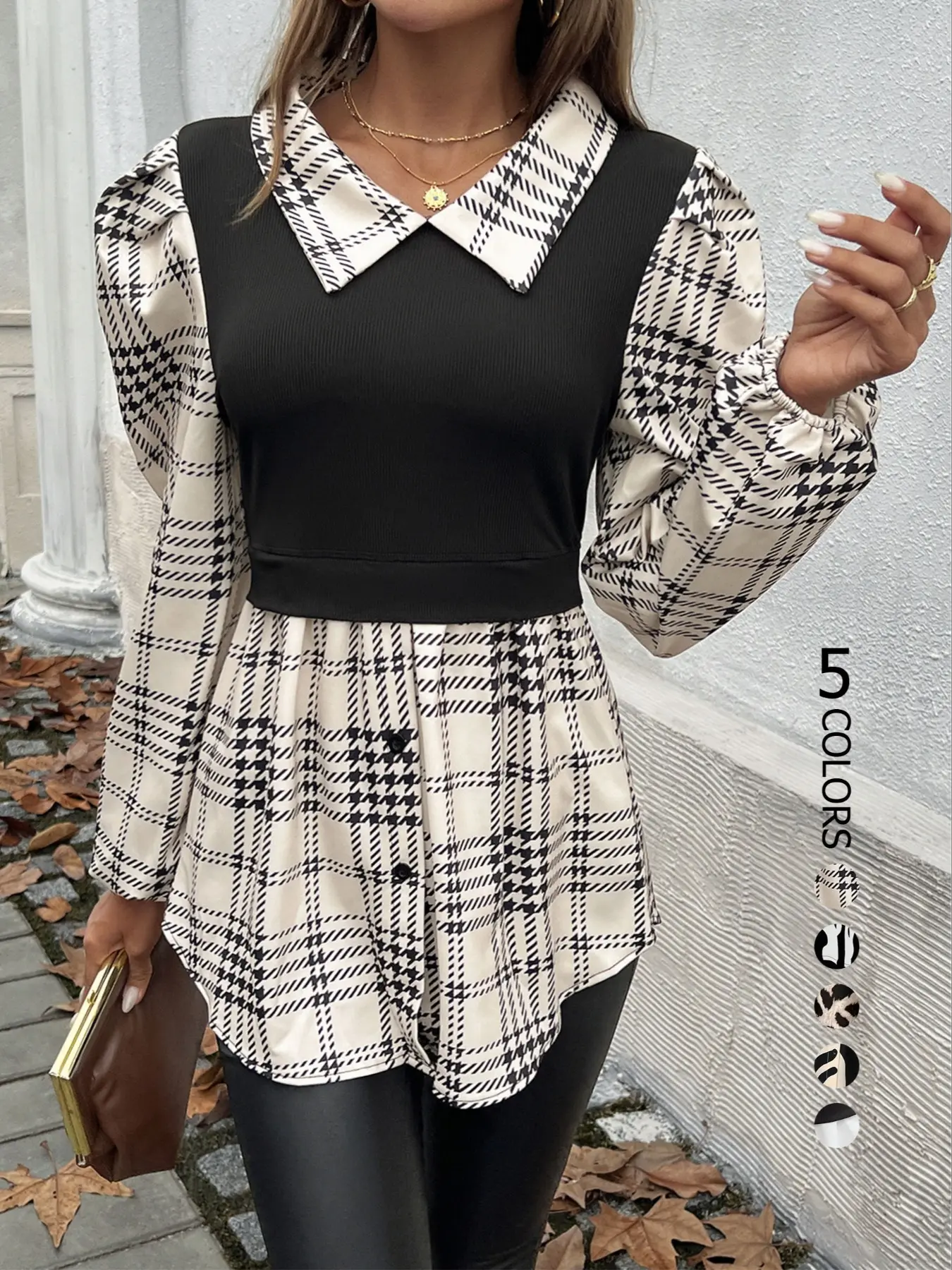 Women's Fashion Colorblock Long Sleeve Shirt Blouse, Elegant Patchwork Design, Fitted Style for Fall & Winter, Casual Wear