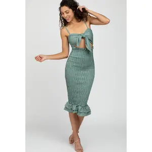 Green Gingham Print Smocked Fitted Self-Tie Midi Dress