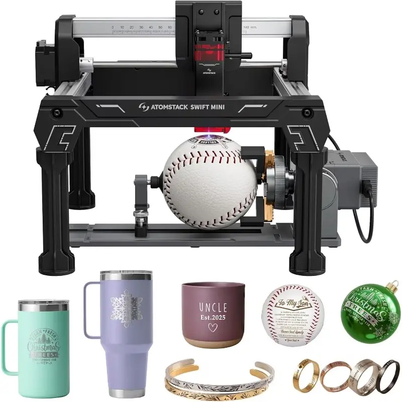 ATOMSTACK SWIFT MINI 3000mW Diode Laser Engraver & Cutter with R8 Rotary Roller Set, Coated Metal Compatibility, Custom-Matched Chips, Cutting-Edge Performance, 135mm*145mm Working Area, Luxury Jewelry Craft Tool for Leather/Crystal, Father's Day Gift