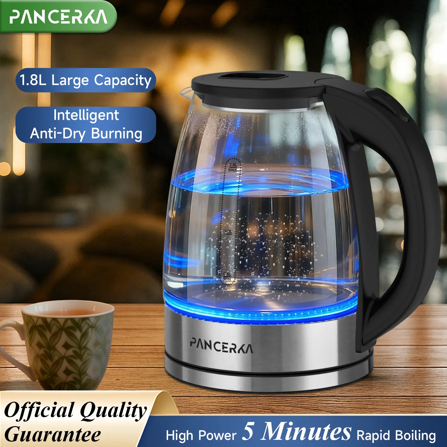 PANCERKA Electric Kettle 1.8L, 1000W Fast Boiling Tea Kettle with Auto Shut-Off, Wide Opening & BPA-Free, Stainless Steel Inner Lid & Filter for Home, Office, Tea, Coffee tiktokshopbacktoschool