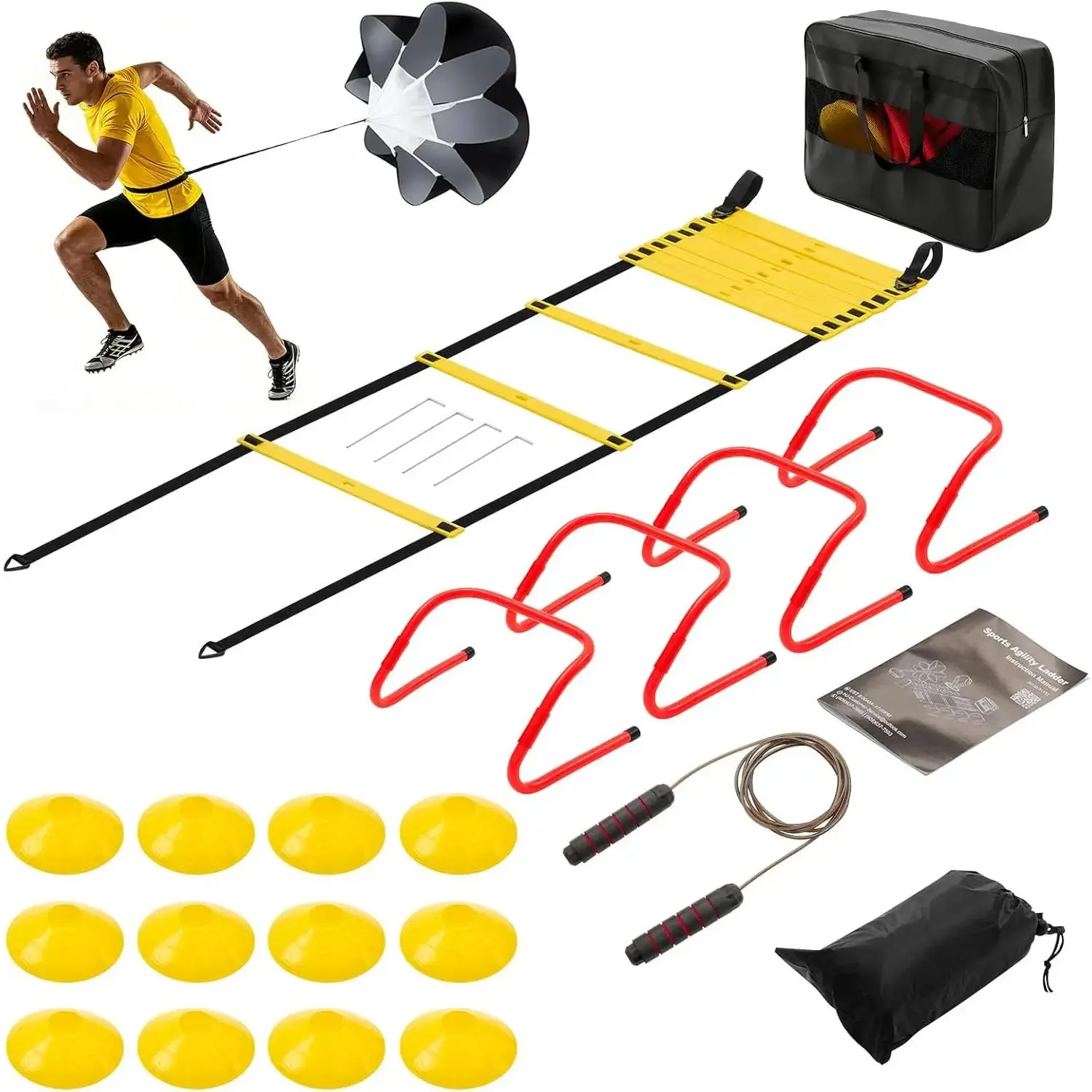 20FT Agility Training Equipment Set with 12 Rung Ladder 12 Cones 4 Hurdles Jump Rope and Resistance Parachute for Multi-Sport Footwork Drills