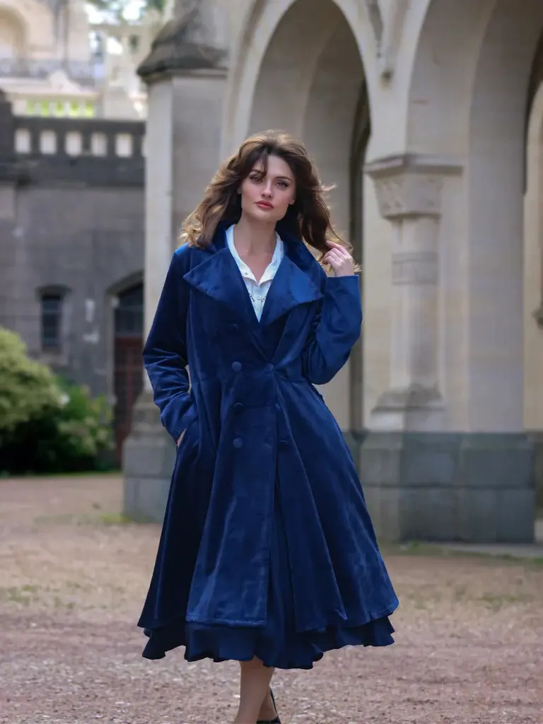 RETRO STAGE Women's Navy Blue 1950s Vintage Corduroy Long Coat, Fitted Classic Belted Knee-Length Winter Outerwear with Long Sleeves, Long Sleeve