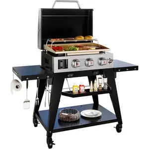 Brand-Man 3-Burner Portable Propane Gas Griddle with Lid - 28,000 BTU Flattop Griddle Grill, 504 Sq. In., Folding Side Tables, Rolling Cart for Outdoor BBQ, Camping, Patio