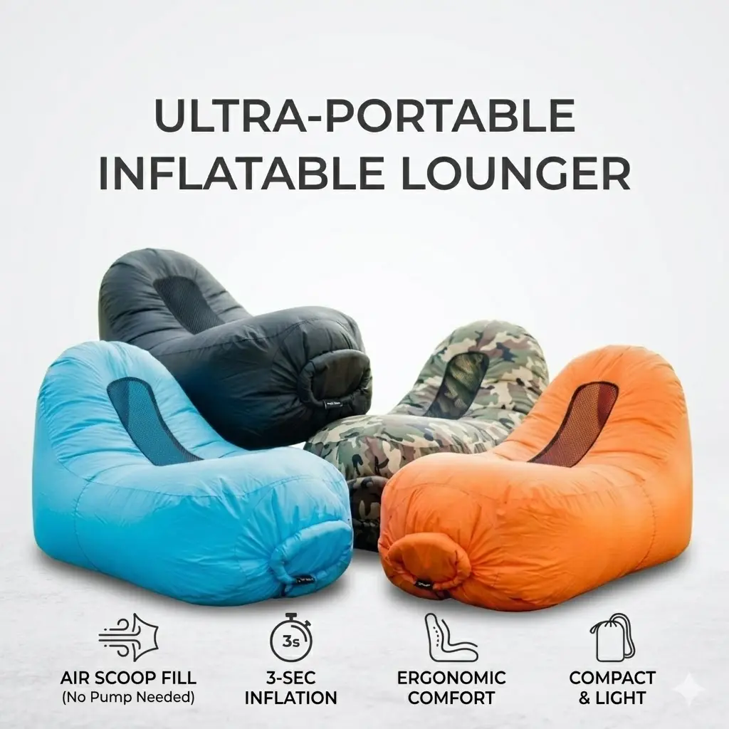 Ultra-Portable Inflatable Air Sofa Lounger - 3s Fast Inflation (No Pump Needed), Waterproof Blow Up Chair with U-Shaped Ergonomic Backrest for Outdoor Camping, Beach, Hiking & Backyard