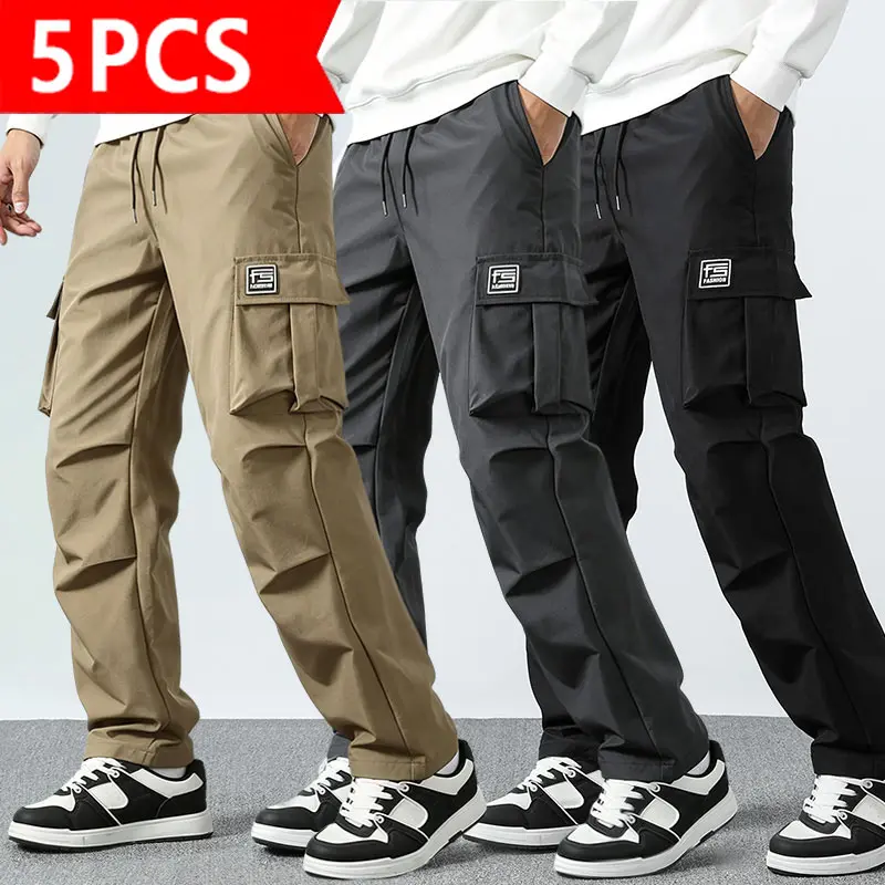 Men's 5-Pack Wide-Leg Cargo Trousers, Menswear with Multiple Pockets, Elastic Waistband, Drawstring, Loose Casual Streetwear Fit - Ideal for Outdoor Activities, Everyday Casual Wear, Plain