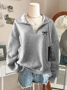 Women's Half-Zip Pullover Sweater, Thick Long Sleeve Fall Winter, Drop Shoulder Loose Fit Design, Casual Comfortable Top, Ideal for Daily Wear, Cartoon Print Sweatshirt