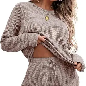 Viandras Women's Waffle Knit Pajama Set Long Sleeve Top & Shorts Matching Lounge Wear Soft Polyester Spandex Fabric with Pockets Cloud Comfy Elastic Fit Ladies Sleepwear Casual Loungewear