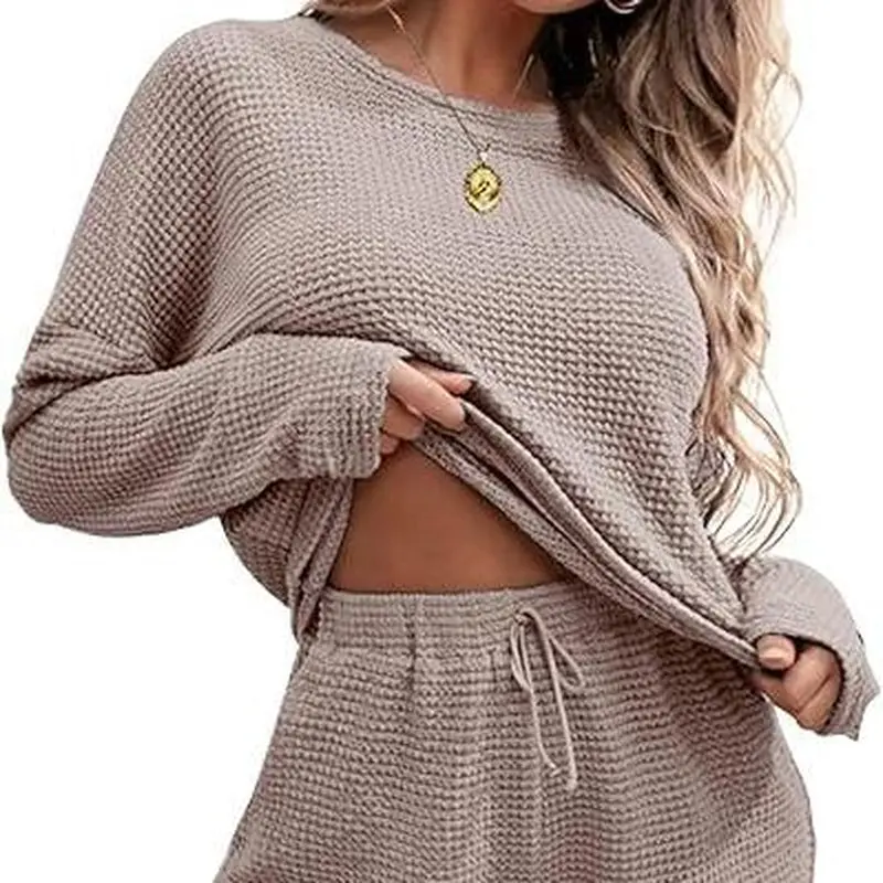 Viandras Women's Waffle Knit Pajama Set Long Sleeve Top & Shorts Matching Lounge Wear Soft Polyester Spandex Fabric with Pockets Cloud Comfy Elastic Fit Ladies Sleepwear Casual Loungewear