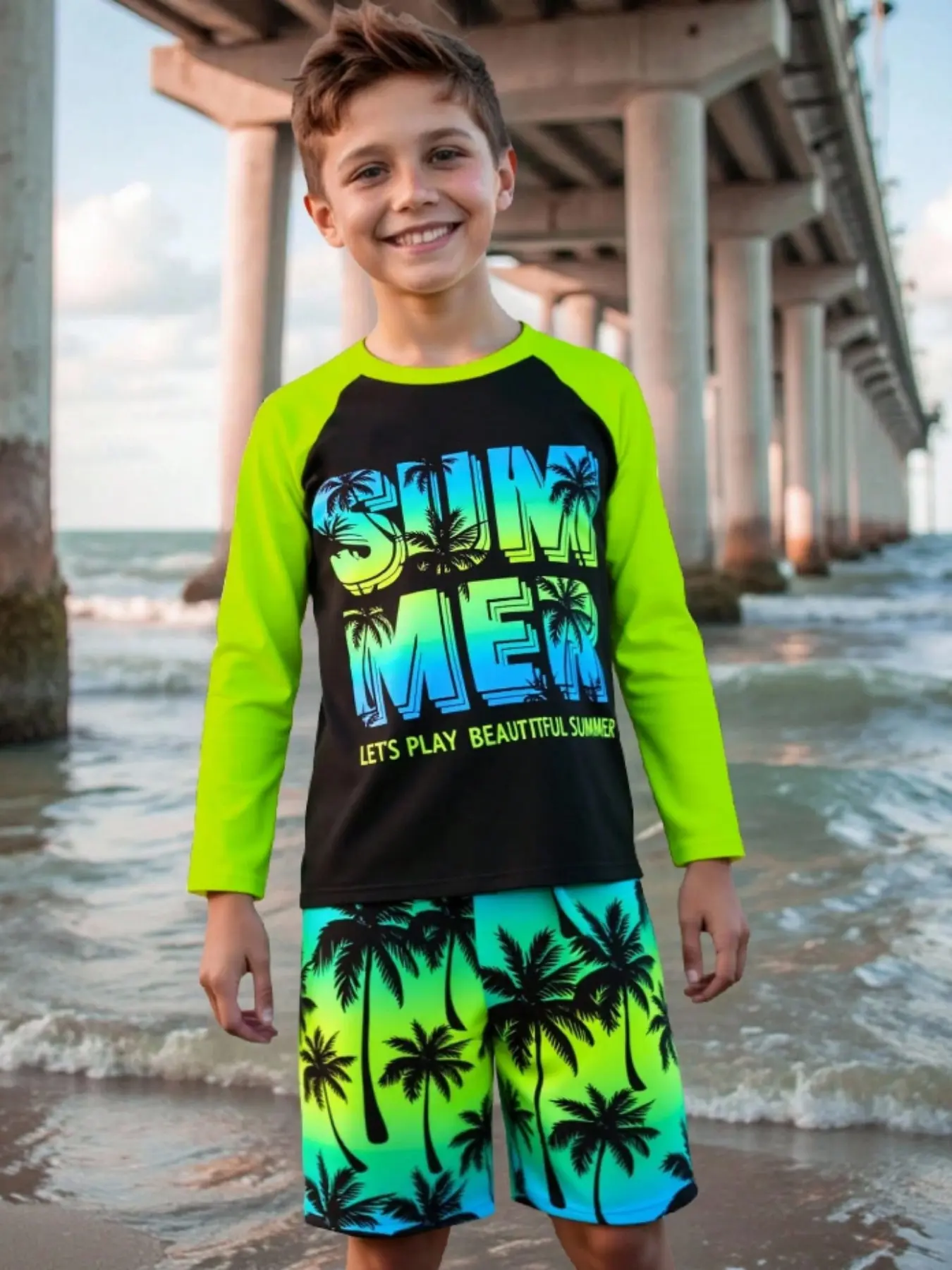 Kids' Dinosaur Theme Swimwear Set, Long Sleeve Sun Protection, Suitable for Beach and Pool, Fun and Comfortable Kids Swimsuits, Swimwear Outfits, Childrens Swimwear