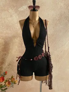 Women's Backless Halter One-Piece Short Pants, Stylish Casual Wear, Comfortable All-Season, Perfect for Daily Use, Womenswear