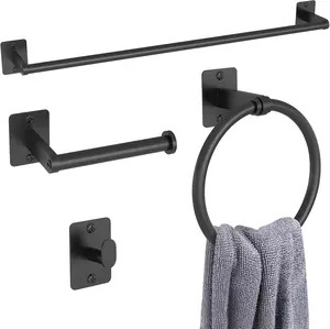 4 Pieces Matte Black Bathroom Accessories Set,  24 inch Towel Bar, Towel Racks for Bathroom, Robe Towel Hooks, Toilet Paper Holder Wall Mounted