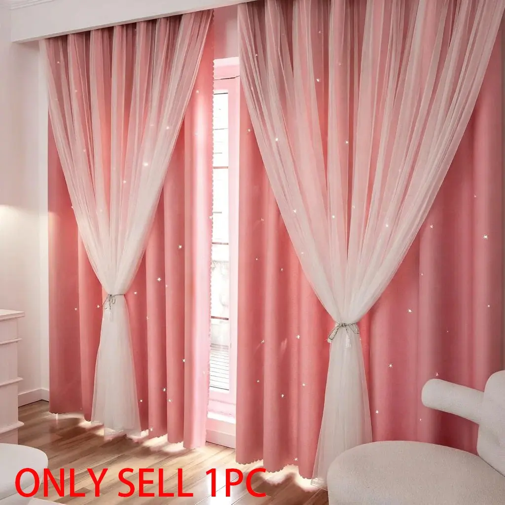 Cute Princess Style Hollow Star Window Curtain, Home Decorative Curtain, 1pc Plain Color Drapes for Living Room Bedroom Study, Adorable Design