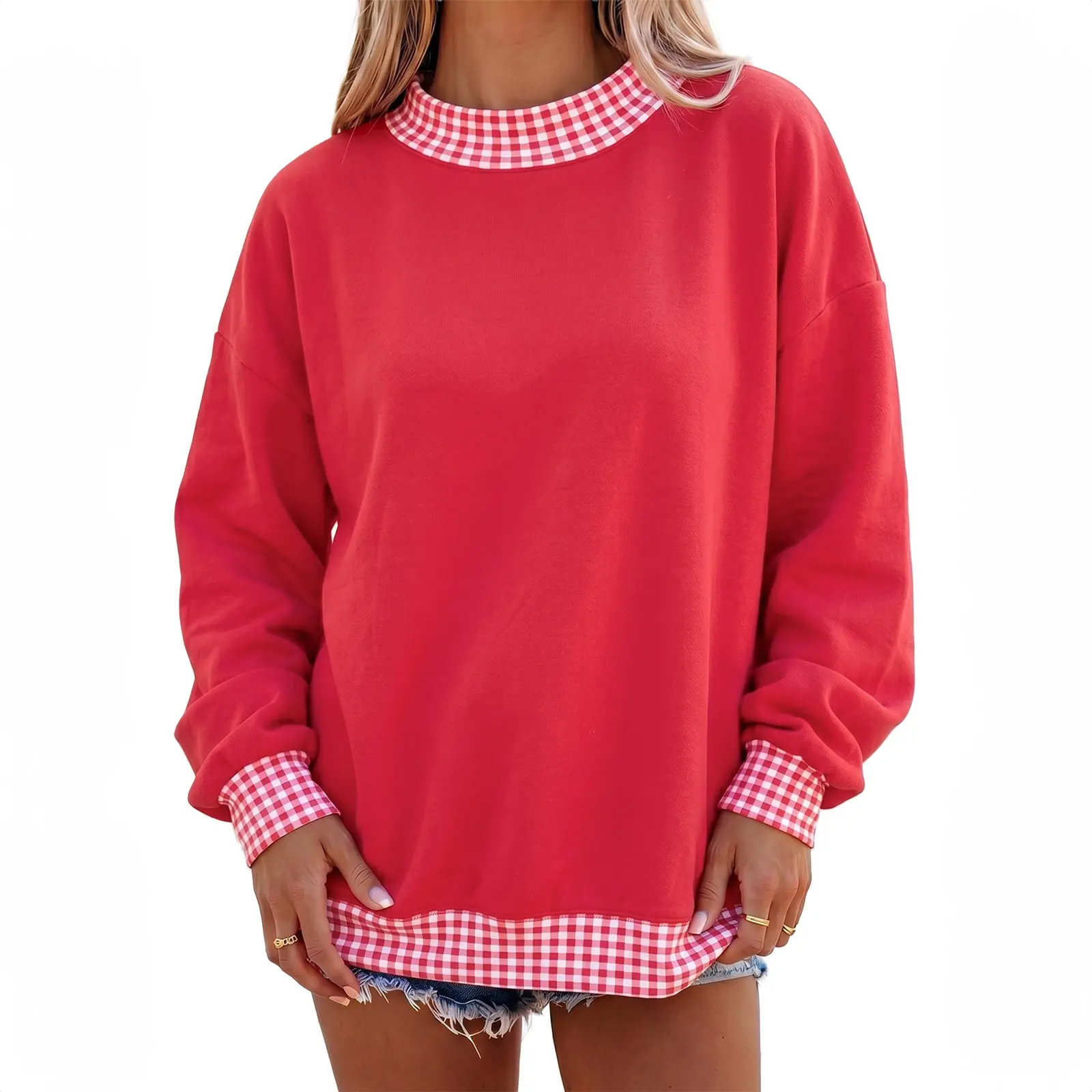 MULLVEIG Women's Colorblock Gingham Plaid Contrast-Trim Crew Neck Pullover Sweatshirt - Drop Shoulder, Oversized, Long Sleeve, Casual Preppy Fall Top
